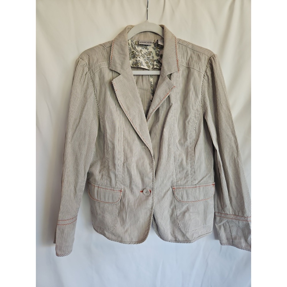 Chico's Dress Jacket Women Size 2 Multicolor Excellent Striped Cotton Blazer